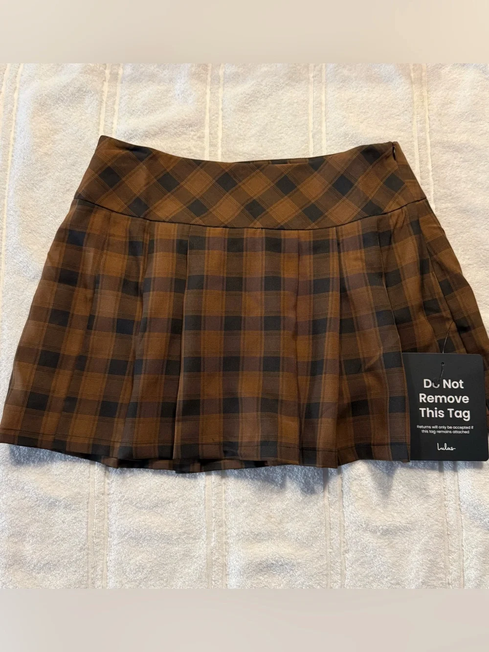 NWT Lulus Firah Brown and Black Plaid Pleated Mid-Rise Mini Skirt Size Large